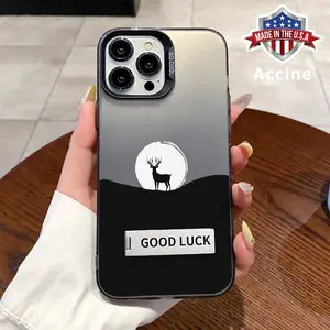 Case for iPhone 16 Pro Max 15 Plus 14 13 12 11 XR E XS Moonlit Stag Pattern Bracket Shockproof Silicone PC Back Protective Smartphone Cover