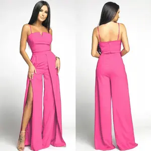 2026 New Women's Hot Pink Spaghetti Strap Split Thigh Wide Leg Jumpsuit Sleeveless Backless Party Romper High-Waisted Overalls for Special Events - Womenswear
