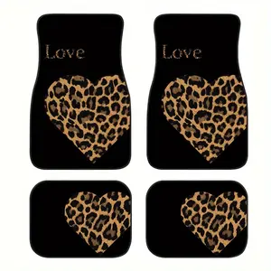 4-piece set of heart-shaped leopard print car floor mats, universal rubber mats, suitable for all seasons, front and rear carpet - suitable for all car models, comfortable and durable for all seasons, interior protection and stylish accessory, decorative