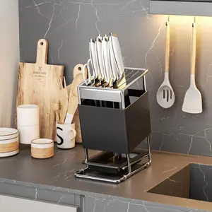 nife Block with Drain Tray, Knife Holder without Knives, Kitchen Storage Knife Rack Decoration, Slanted Knife Stand, Countertop Knife Storage, Carbon Steel Cutlery Display Organizer