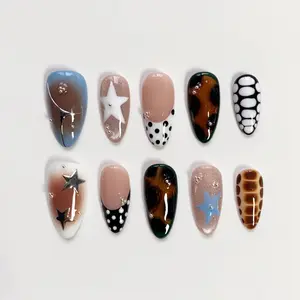 Y2k Tortoise Press on nails long almond nails/Polka Dot Nails/Star Nails/Cat eye nails/Aura Nails/Gyaru nails/Birthday Y2K Nails/Croc Nails EC3QZJ