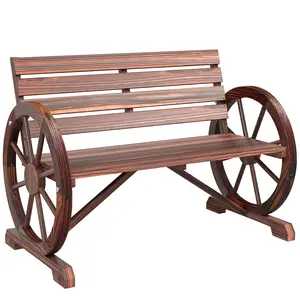 41" Carbonized Wooden Wagon Wheel Bench, Rustic Weather-Resistant Outdoor Patio Furniture, 2-Person Slatted Seat Bench with Backrest