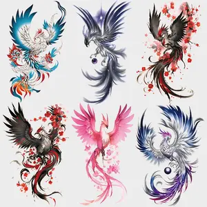 6 Piece Set Colorful Phoenix Plum Blossom Temporary Tattoos, Temporary Tattoo Kit, Large Half Arm Realistic Waterproof Fake Tattoo Stickers for Men Women