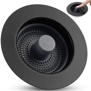 Matte Black 3-in-1 Universal Stainless Steel Push-Type Kitchen Sink Drain Stopper and Strainer Combo - Smooth, Anti-Clog, Easy-to-Clean, American Standard Drain Compatible