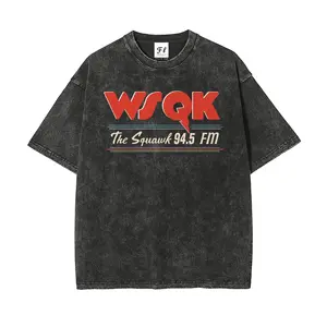 Men's Oversized Vintage Short-Sleeve T-Shirt - "WOK The Squawk 94.5 FM" Batik Cotton Graphic Round Neck, Unisex Stretch Pre-Shrunk Washed Super Soft Streetwear Top, S-5XL