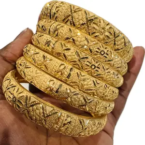 Gold Bangle Set with Intricate Floral and Geometric Patterns for Women's Elegance and Style