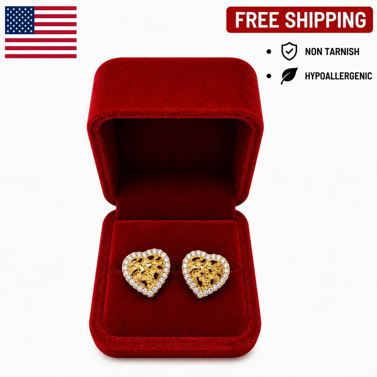 18K GOLD PLATED CUTE HEART NUGGET GEMS TARNISH RESISTANT HYPOALLERGENIC EARRINGS FOR WOMEN