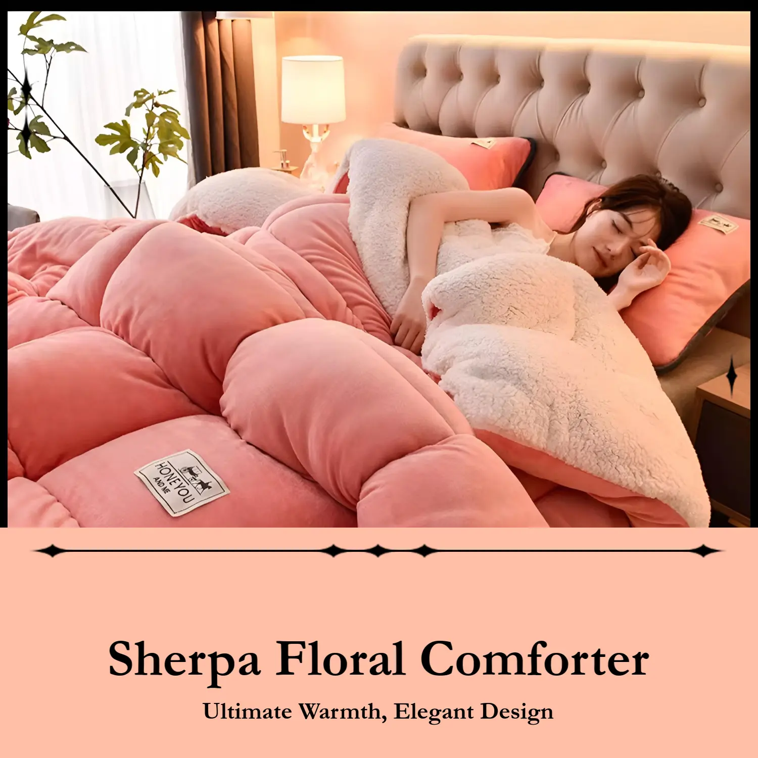 Korean Floral Print Fleece Sherpa Queen Size Comforter Set (200x230cm) - Ultra-Soft, Thick, Reversible, Warm Winter Bedding, Duvet Insert, Breathable, Machine Washable