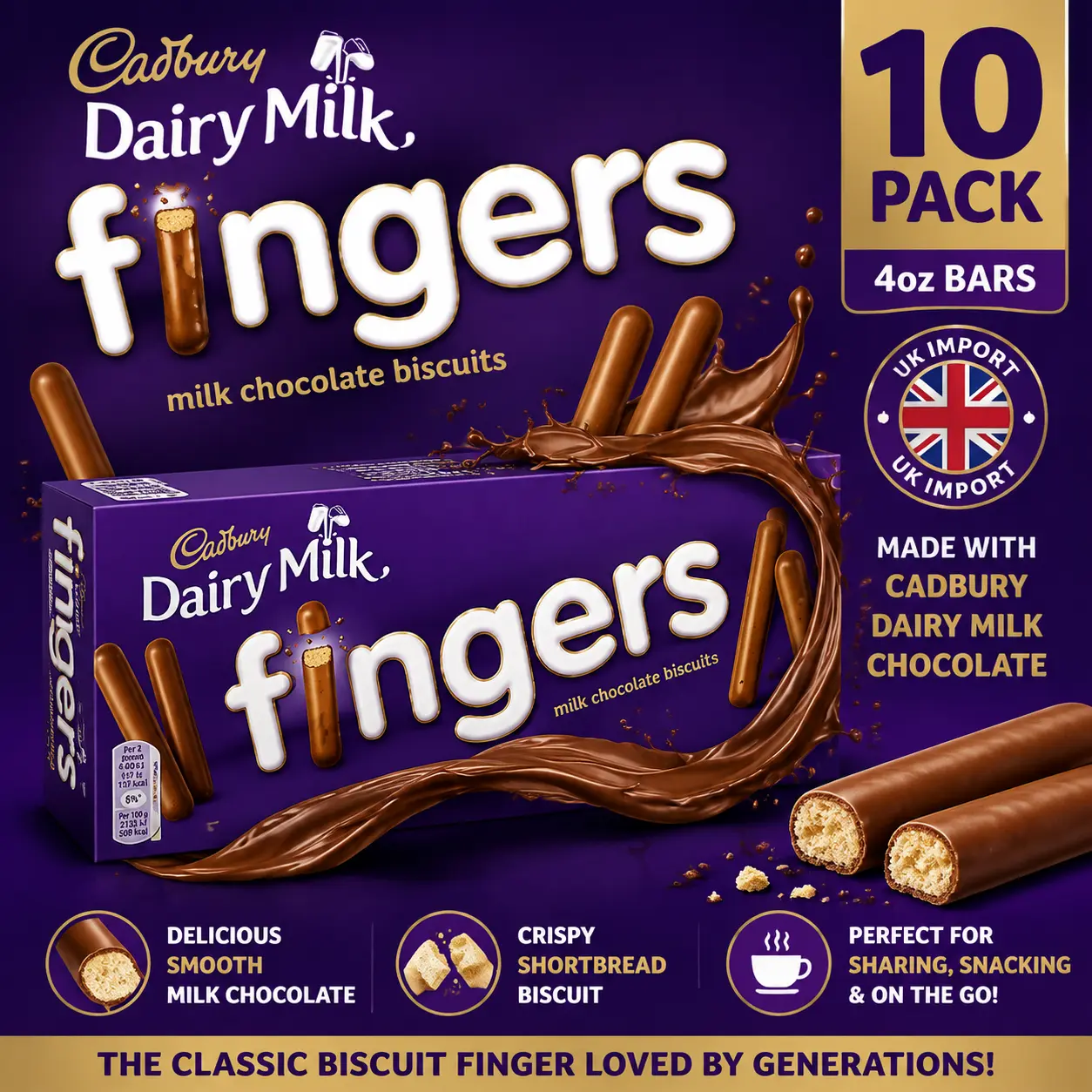 Cadbury UK Import White Chocolate Shortbread Fingers 4 oz 10 Pack  Crispy Shortbread Cookies with White Chocolate | Premium British Snack