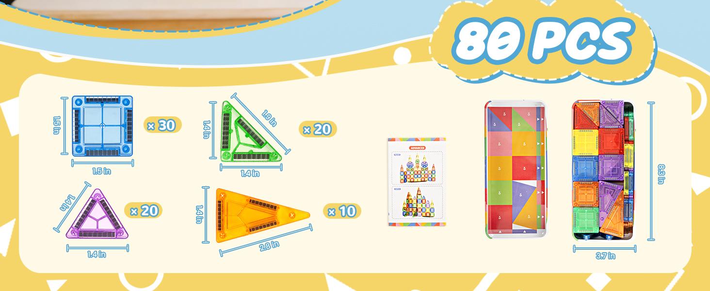 Cossy Mini Magnetic Tiles, 80 PCS Magnet Tiles Travel Magnetic Tiles with Iron Box and Storage Guide, Travel Toys for Long Trip and Restaurant, STEM Learning & Creative Building & Educational Toys