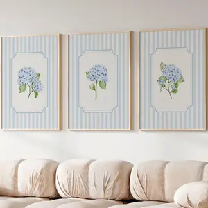 Blue hydrangea wall art Trendy floral prints Striped Pastel dorm art Aesthetic botanical Coastal granddaughter art
