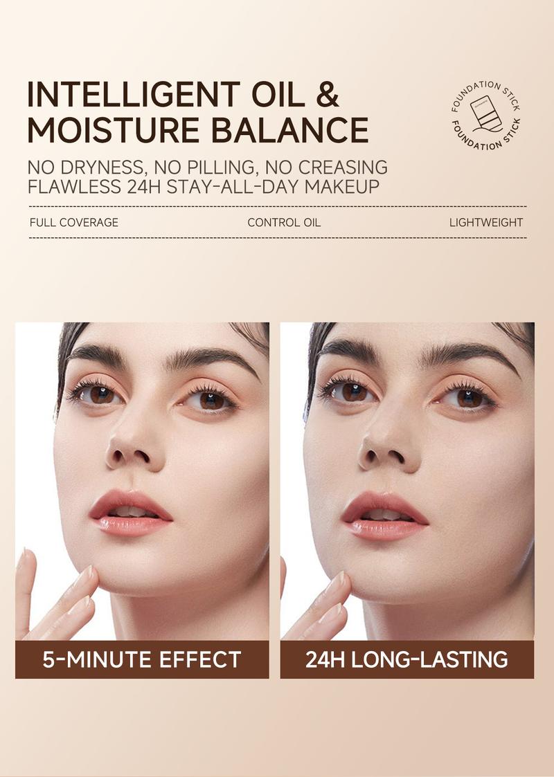 QIANWHITE Luminous Dual-Ended Concealer Foundation Stick with Built-in Brushes Complimentary Puff 24H Long-Lasting Waterproof Sweatproof One-Swipe Even Flawless Base Clear Radiant Skin Foundation Stick