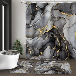 4 Pcs Black Marble Shower Curtain Sets with Rugs Gold Bathroom Sets with Shower Curtain and Rugs Modern Abstract Bathroom Decor Accessories Shower Curtains for Bathr