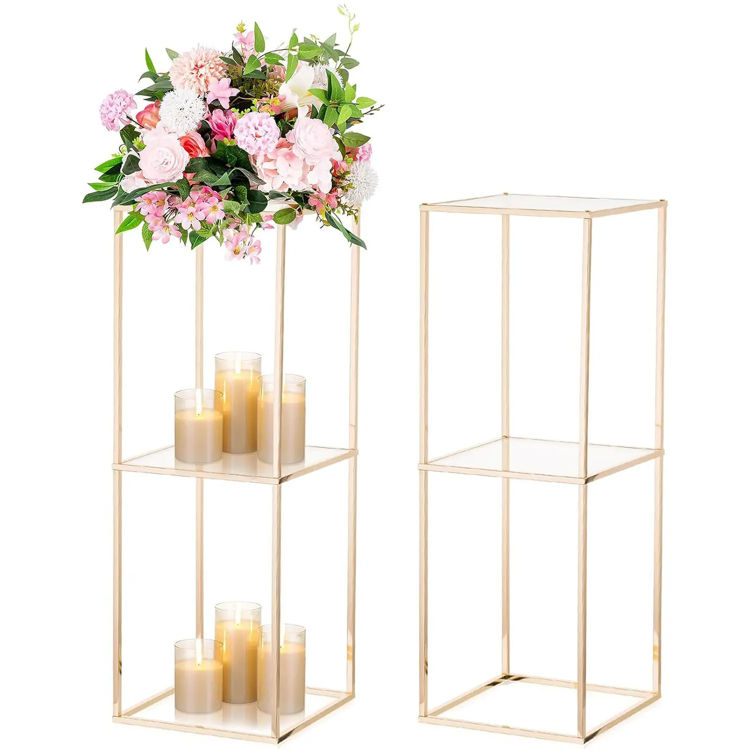 Luxury 2-Pack Metal Gold Double-Tier Acrylic Floral Stand Set - Square Geometric Pedestal for Wedding, Party Decor & Event Centerpieces