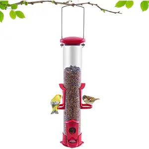 Tube Bird Feeder for Outdoors Hanging Finch Feeders for Outsides Metal 4 Ports & U Perches   Proof, Removable Base, Easy to Fill & Clean, Red Attracts More  Birds