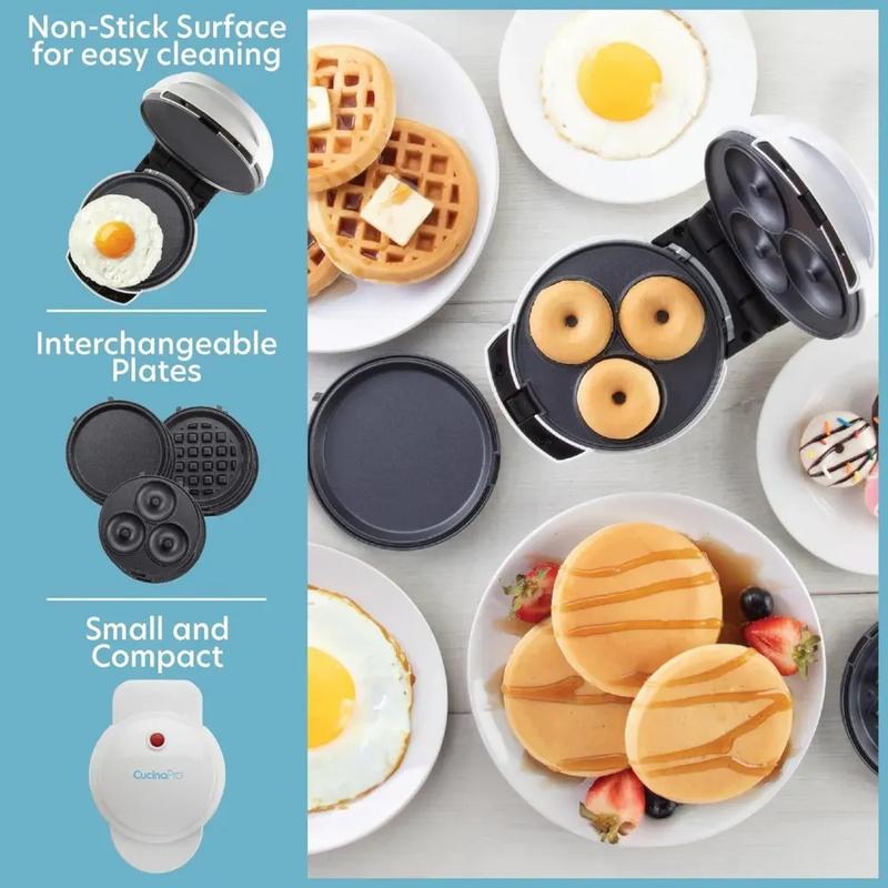 3 in 1 Mini Breakfast Maker- Make Mini Waffles Donuts Pancakes or Eggs all in 1 Multi Use Appliance- Easily Swap & Clean Interchangeable Griddle Plates- Small Electric Non Stick Baker for Any Occasion