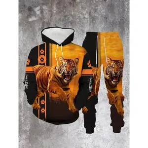 Men's Vintage Animal Print Hoodie Set, Tiger Pattern Long Sleeve Fitted Top & Bottom, Fall Winter Sporty Style, 2 Piece