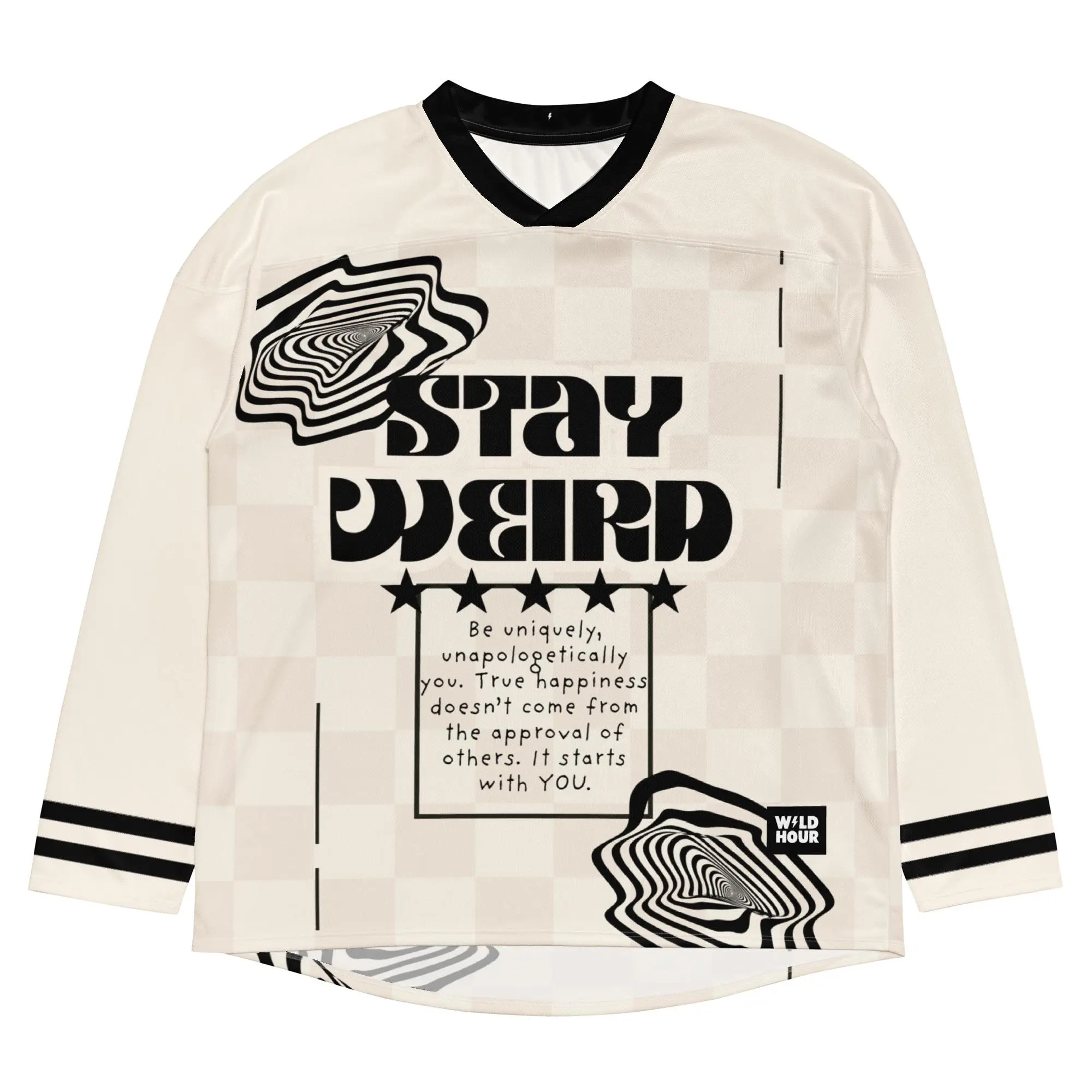 Stay Weird Cream and Black Hockey Jersey for Raves and EDM Festivals