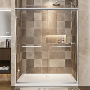 56-60 inches wide x 72 inches high brushed gold aluminum frame double sliding shower door 1/4 inch 6mm tempered glass with explosion-proof film double stainless steel handle adjustable width heavy-duty shower partition frameless sliding glass door