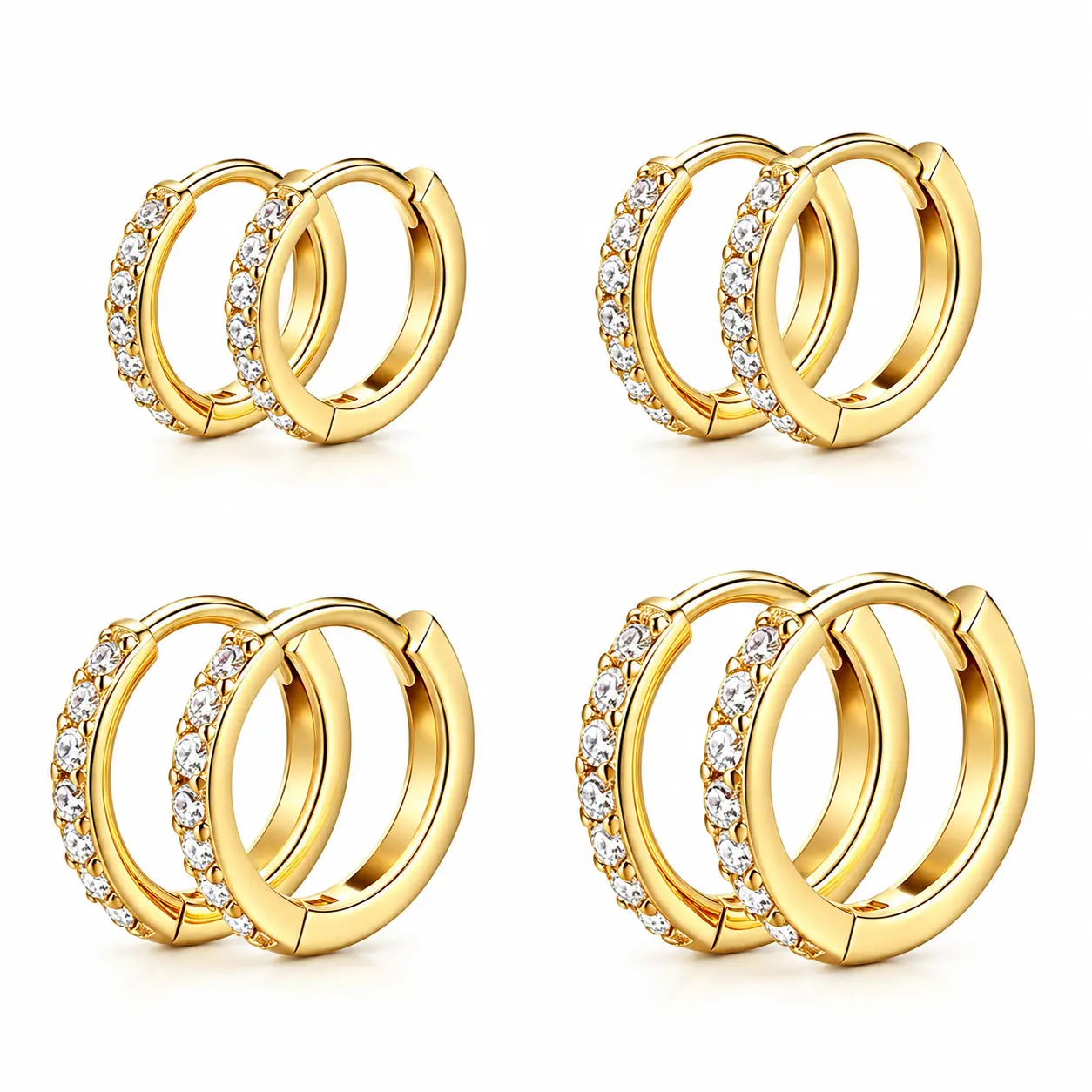 Women's & Men's 4-Pair Gold Plated Sparkling CZ Small Huggie Hoop Earrings, Hypoallergenic Copper Coating Jewelry, Secure Fit for Daily Elegance, Dainty Gold-Tone Shiny Earrings for Women & Men