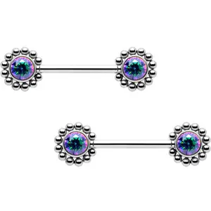14G 9/16 Vitrail CZ Gem Beaded Edge Threadless Barbell Nipple Ring Set