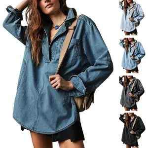 Women's Denim Pullover Casual Notch V Neck Blouse Loose Fit Long Sleeve Jean Jacket with Pocket Womenswear Button Plain Fitted All Seasons Chic Stylish