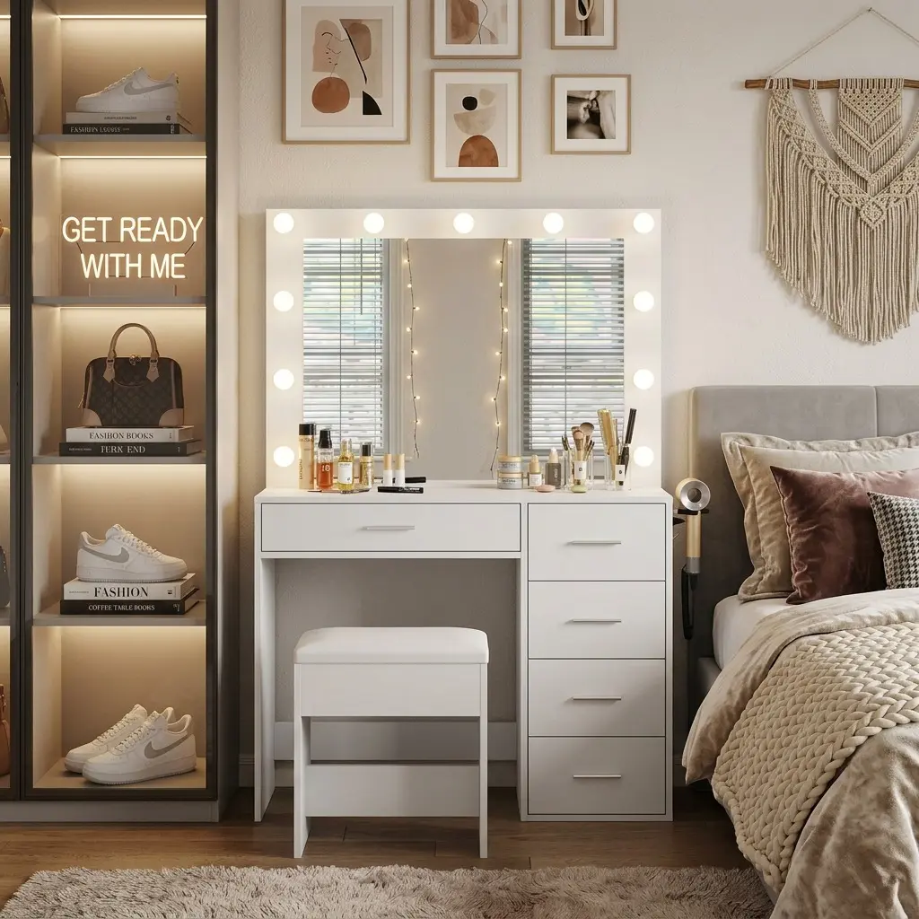 Rustic Vanity Makeup Desk with 11 Country-Style LED Bulbs, HD Mirror with 3 Lighting Modes, 5 Metal Sliding Drawers, Built-In Charging Station (2 Plugs + 2 USB Ports), Hair Dryer Holder, Easy Assembly, Ideal Gift