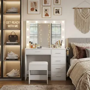 Rustic Vanity Desk with 11 Country-Style LED Bulbs, HD Mirror 3 Lighting Modes, 5 Metal Sliding Drawers, Built-in Charging Station (2 Plugs + 2 USB) & Hair Dryer Holder, Easy Assembly, Ideal Gift