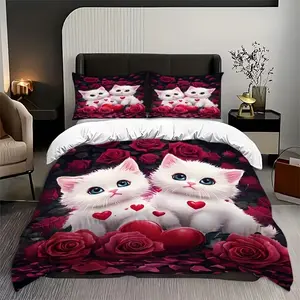 3-piece set of red rose cat bedding, Decorative Bedding Set, including 1 duvet cover and 2 pillowcases (unfilled) made of polyester material, comfortable all year round, preferred by small animal enthusiasts
