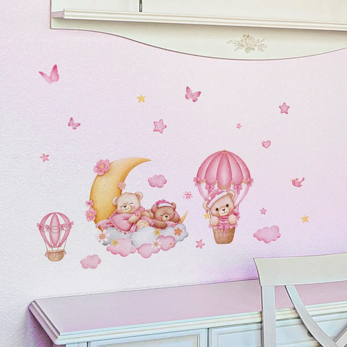 A set of 2 pieces (30*60cm*2pcs) Moon Bear Hot Air Balloon Butterfly Home Decoration Bedroom Decorations Cute Wall Decor Wall Stickers for Bedroom, Living Room, Sofa, and Entrance Background Wall Wall Art Stickers Decoration Items (M16060-YJ)