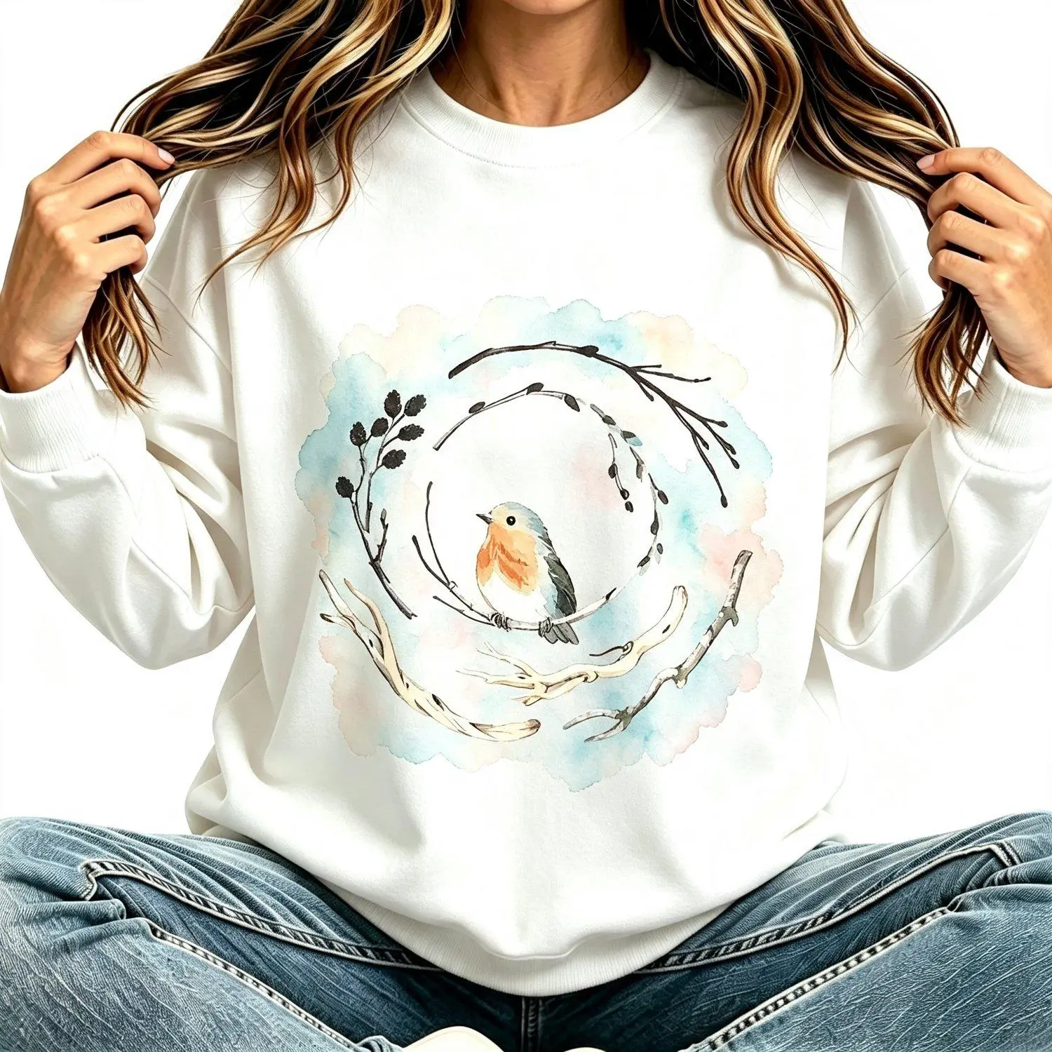 Men’s sports sweatshirt, watercolor robin bird nature wildlife art crewneck pullover for bird lovers, casual athletic top