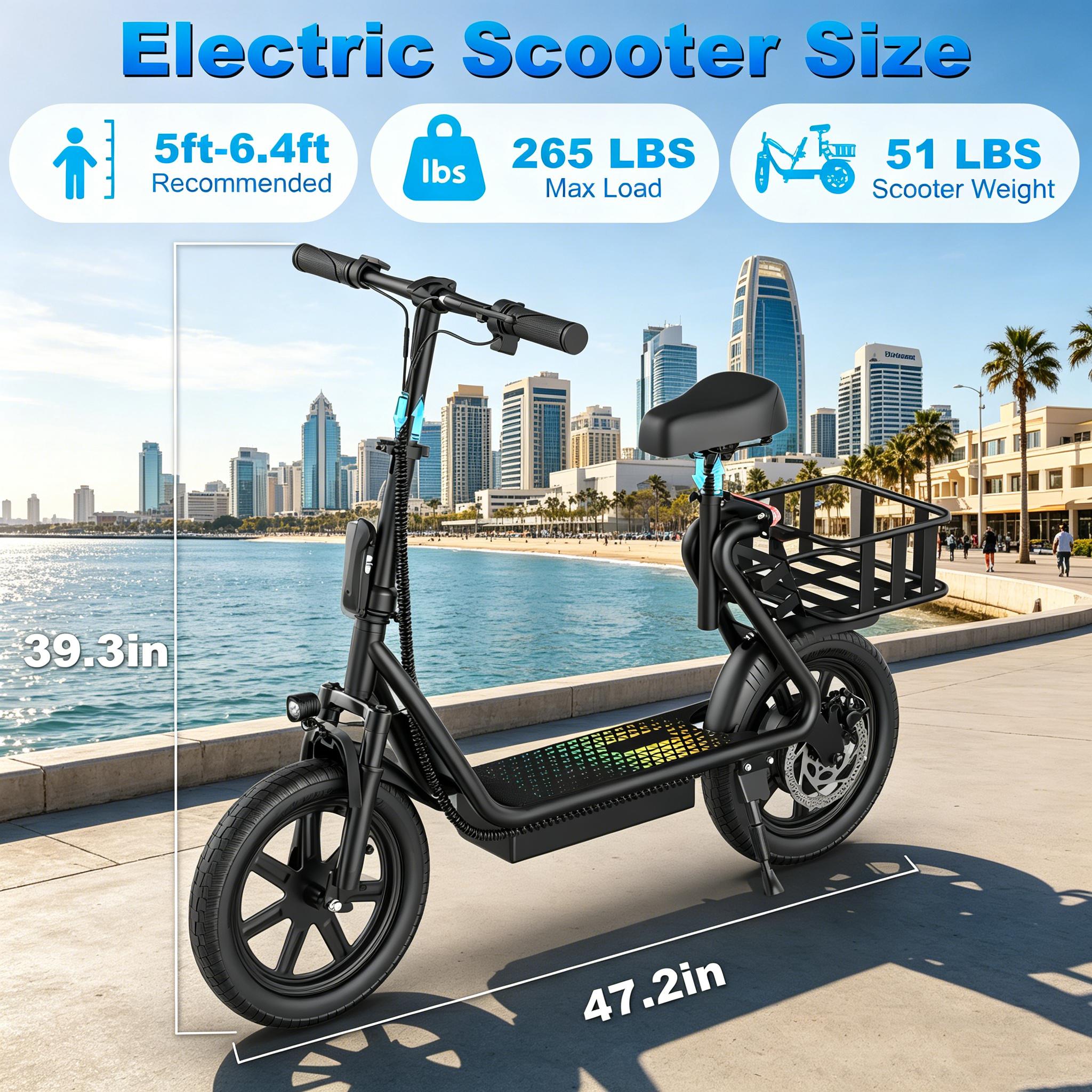 B Comfortable Seated Electric Scooter for Adults 48V 10.4Ah Battery Up to 22MPH Speed 21-27 Miles Range Pet-Friendly Design with Sturdy Rear Basket