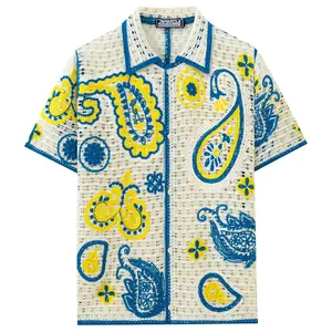 Men’s Crochet Knit Polo Shirt – Summer Hollow Out Water Soluble Knit Cardigan, Paisley Embroidered Short Sleeve Button Up Shirt, Vintage Resort Beachwear