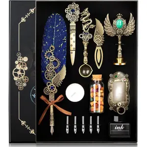 Quill Pen Ink Set with Wax Seal, Quill Pen, a  of Punk and Retro Styles, both Calligraphy Pen Set and Wax Seal  Kit, Suitable for Calligraphy Lovers of  Ages (Blue)