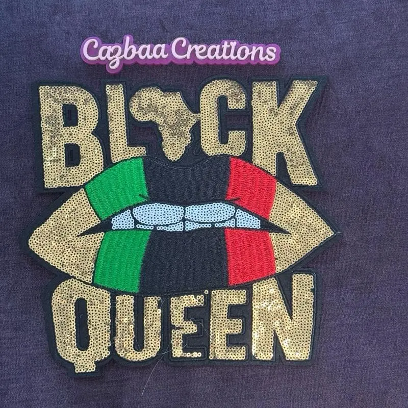 Striped Embroidery Black Queen Lips Sequined Iron-On/Sew-On Patch - 8x8in Glue-Backed Sewing Accessory for Hats, Jackets