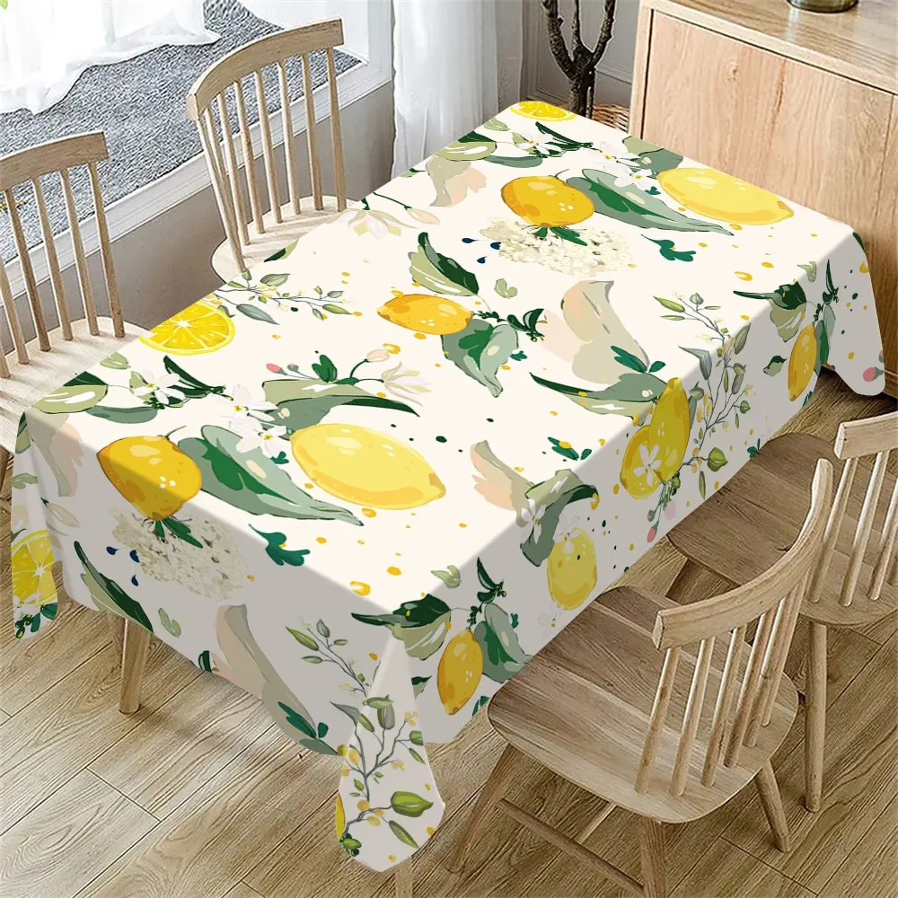 Spring Summer Tablecloth, Lemon Eucalyptus Leaf Pattern Decorative Table Cover, Indoor Outdoor Use, Kitchen Dining Room Decoration, Indoor Outdoor Patio