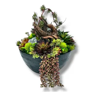 Succulent Design in Black Tall Circular Wood Vase | Faux Succulent Floral Arrangement for Desk or Living Room Decor | Centerpiece Flowers