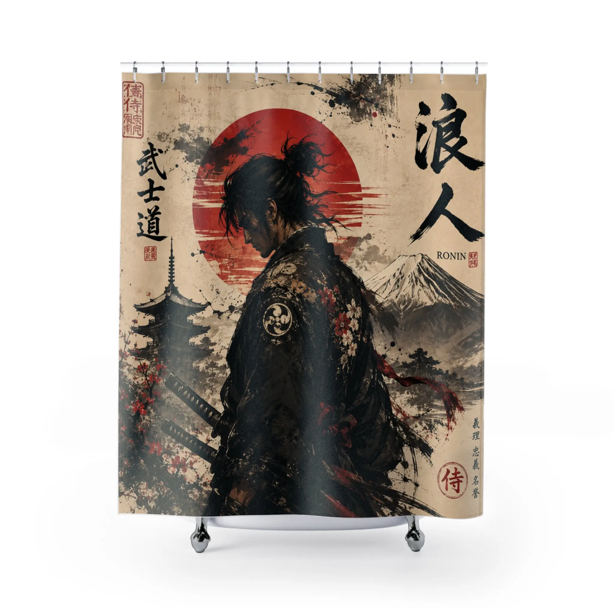 Samurai Ronin Illustration Shower Curtain - Japanese Ink Warrior Scene Artistic Print, Custom Artwork Bathroom Decor Shower Curtains, Custom Artwork Shower Curtains