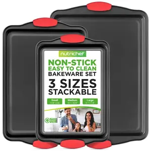 3-Piece Nonstick Baking Pan Set - Carbon Steel Cookie Sheets with Red Silicone Handles - Easy Clean, Durable, Stackable Oven Trays - Even Heat Bakeware for Cookies, Cakes, Pastries & Roasting - Kitchen Cooking Essentials