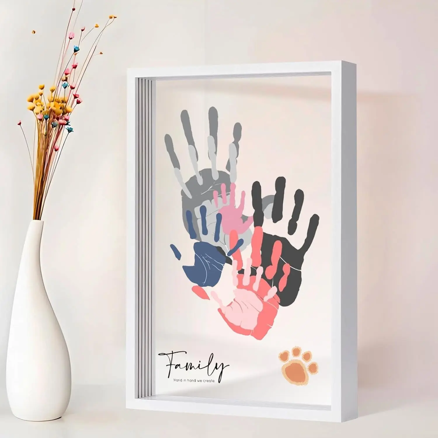 Family Handprint Kit for 5,DIY Craft Family Memories Keepsake Art Baby Newborn Hand and Footprint Wooden Frame for Home Decor Family Gifts Set(5 Sheets with 8 Colors)