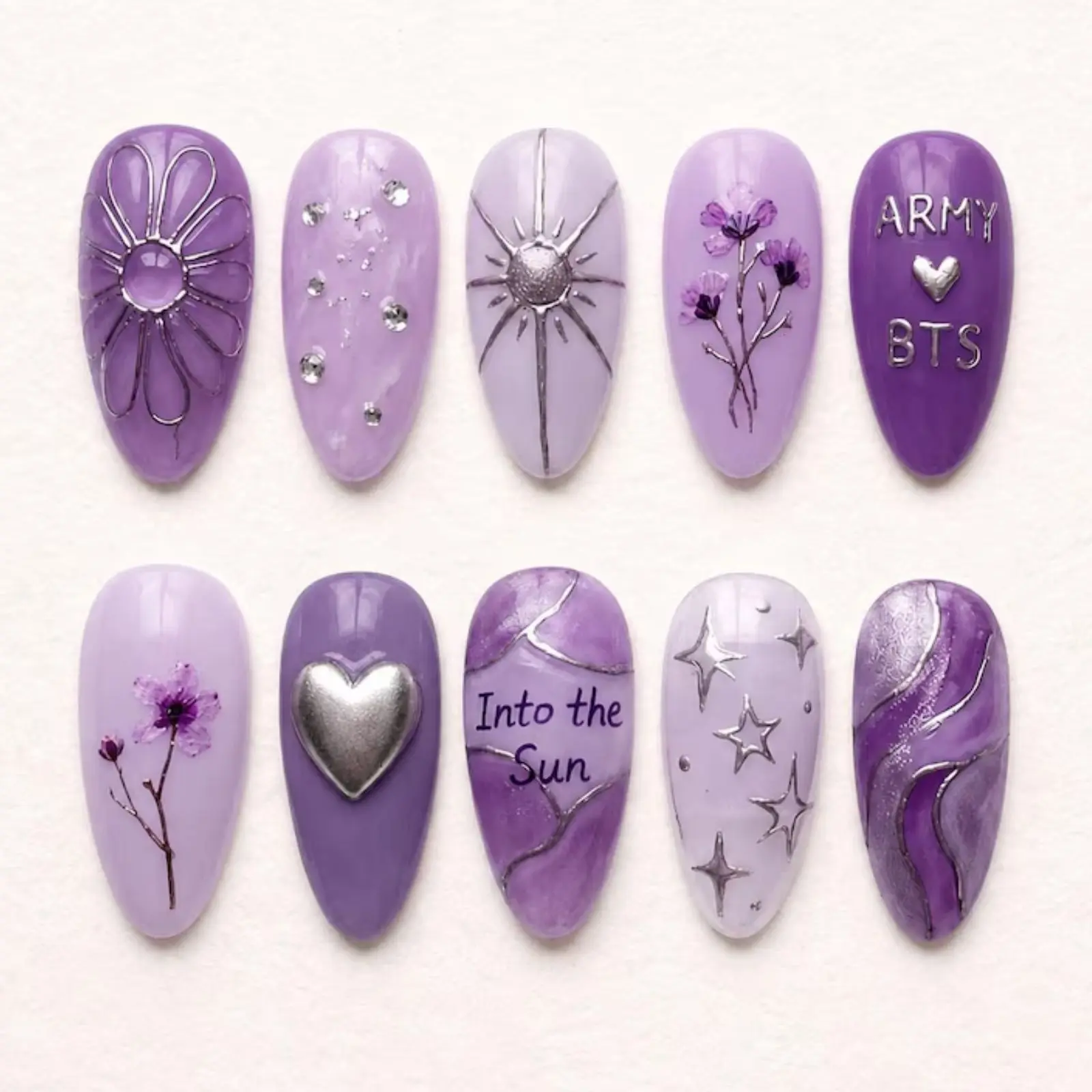 Fandom Korean Inspired Press On Nails | Kpop Purple Nail Art | Lavender Floral Celestial Cute Nails | Arirang Fan Gift