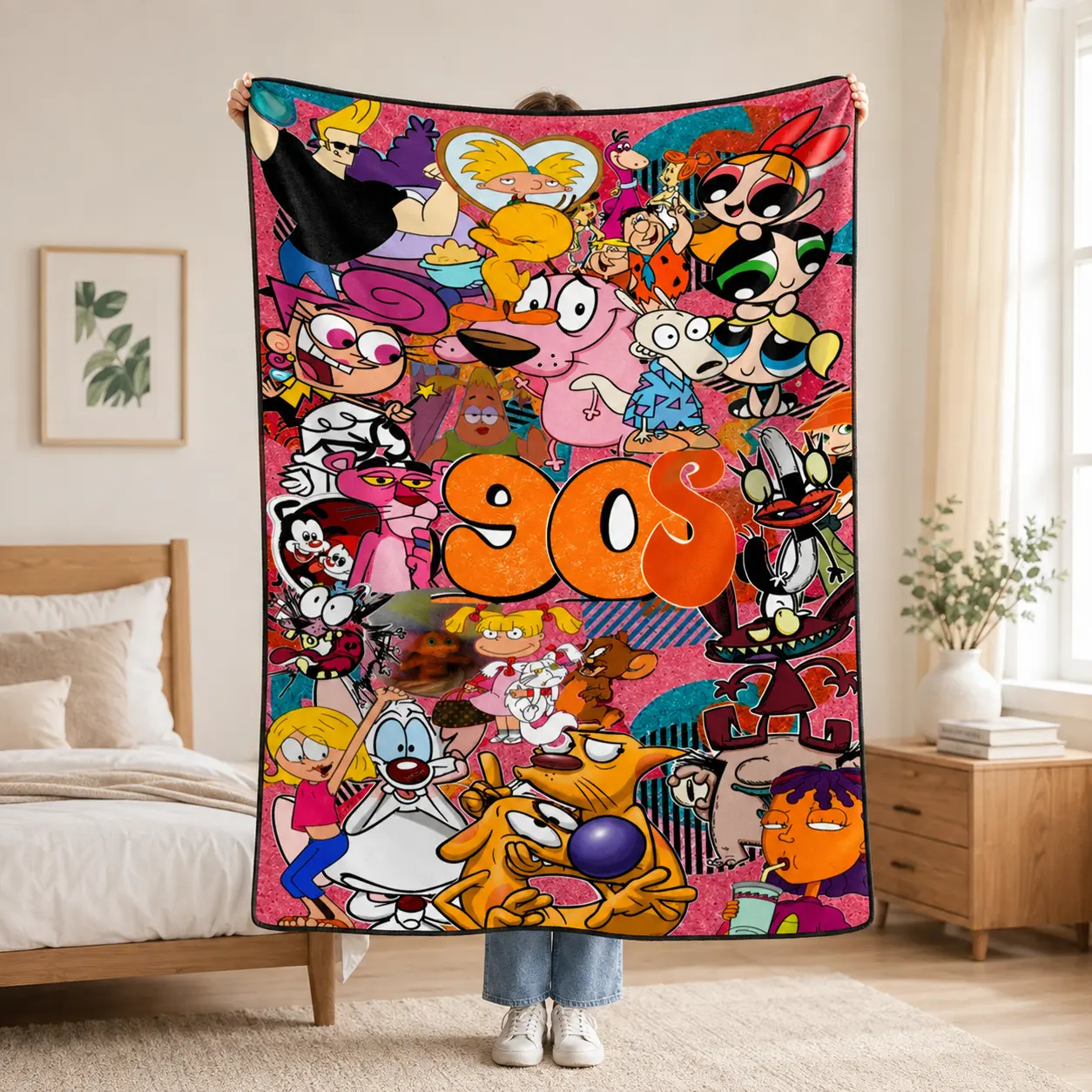 90s Cartoon Collage Flannel Throw Blanket, Retro Cartoon Character Soft Cozy Fleece Blanket, Colorful Nostalgia Graphic Blanket for Bedroom Couch Kids Adults Gift