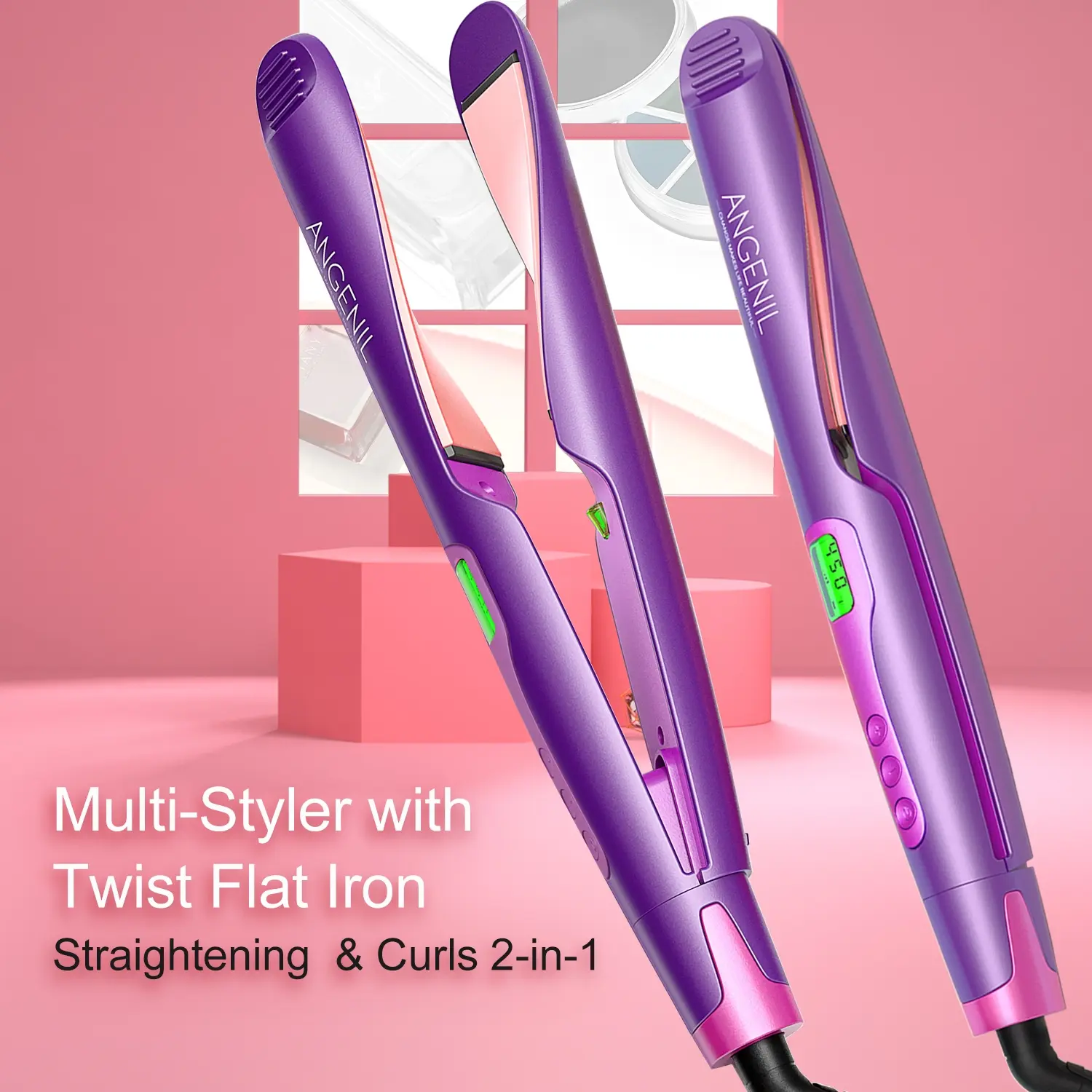 ANGENIL Electric Heated Rotating Curling Iron, 2 In 1 