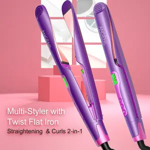 ANGENIL Electric Heated Rotating Curling Iron, 2 In 1 Straightener Hair Flat Iron, Hair Straightening Iron with Lcd Display for All Hair Types, Portable Hair Styling Tool for Home & Travel, Gift