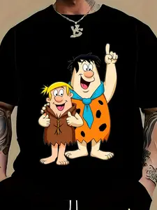 Men's Large Size 100% Cotton 180g Casual Short Sleeve T-Shirt with Cartoon Graphic Print, Round Neck Summer Tee for Daily & Work Wear, Machine Washable, Ideal Gift1