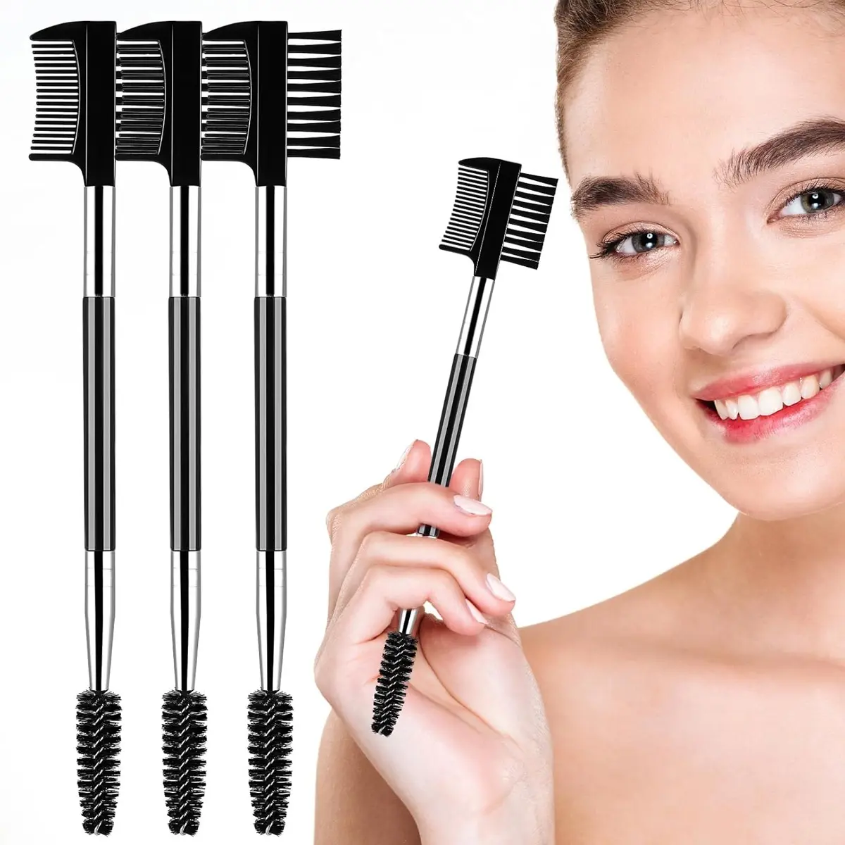 3 Head Eyebrow Eyelash Shaper, Comb, Separator Tool, Double Head Brush, Makeup Grooming Tool, Cosmetics Makeup Tools, with 3 Spoolie Brushes for Separating Lashes, Eliminating Mascara Clumps, Grooming and Shaping Eyebrow Styling Set