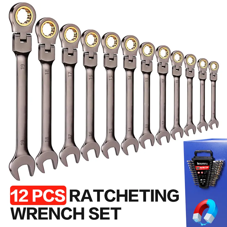 【DealsForYouDays】 12-Piece Multifunctional Flex-Head Ratcheting Wrench SetMetric 8 mm-19 mm72 Teeth Cr-V Steel Flexible Combination Wrench SetCar & Automotive Tools withStorage rack Household & Automotive RepairsMultifunctional Wrench Set