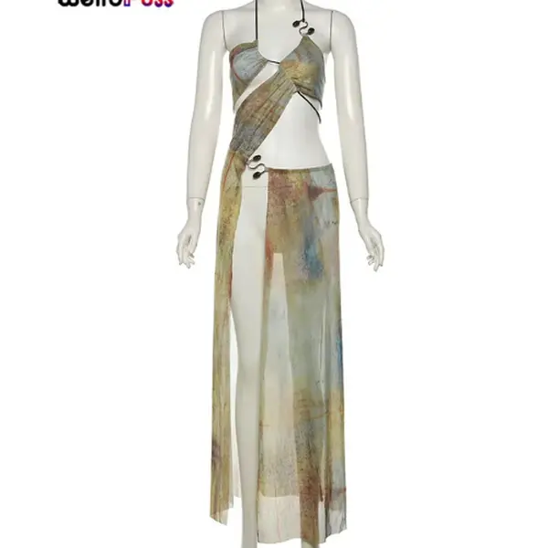 Weird Puss Hollow Halter Dress Women See through Summer Trend Sleeveless Waistless Vintage Print Long Bodycon Clubwear Vestidos Casual Womenswear Fit Piece Style