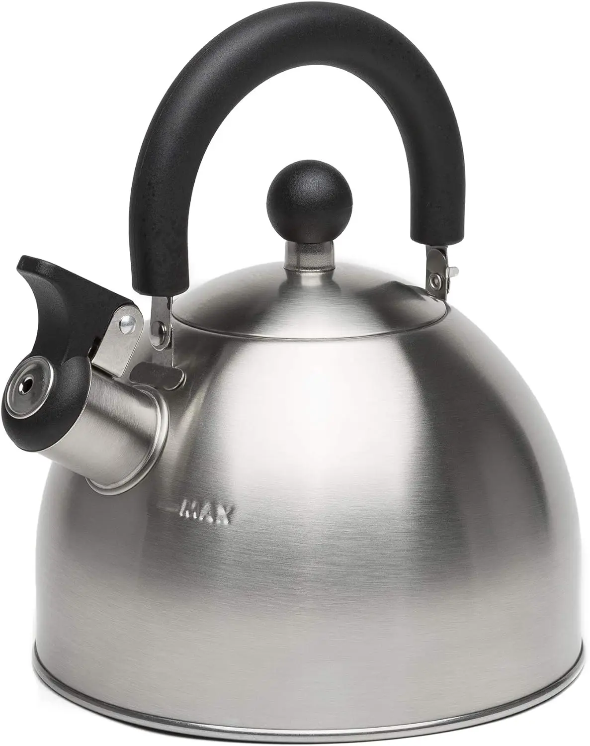 teapot Primula Stewart Whistling Stovetop Tea Kettle Food Grade Stainless Steel, Hot Water Fast to Boil, Cool Touch Folding, 1.5-Quart, Brushed with Black Handle Drinkware