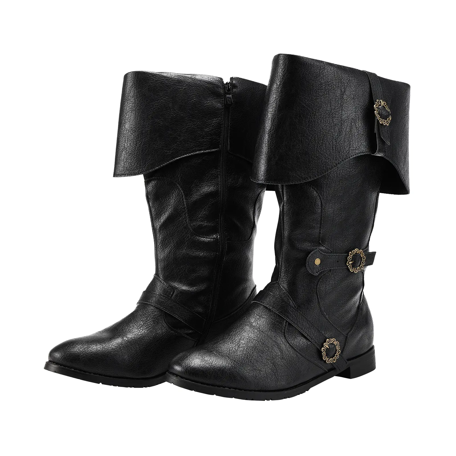 Zotixvox Men's Mid-Calf Gothic Boots - Black Synthetic PU Leather Viking Medieval Cuban Shoes with Plain Round Toe, Zipper, Buttons, Anti-Slip Rubber Sole, All-Season Closed Statement Shoes for Cosplay, Dances, Footwear, Alternative Style